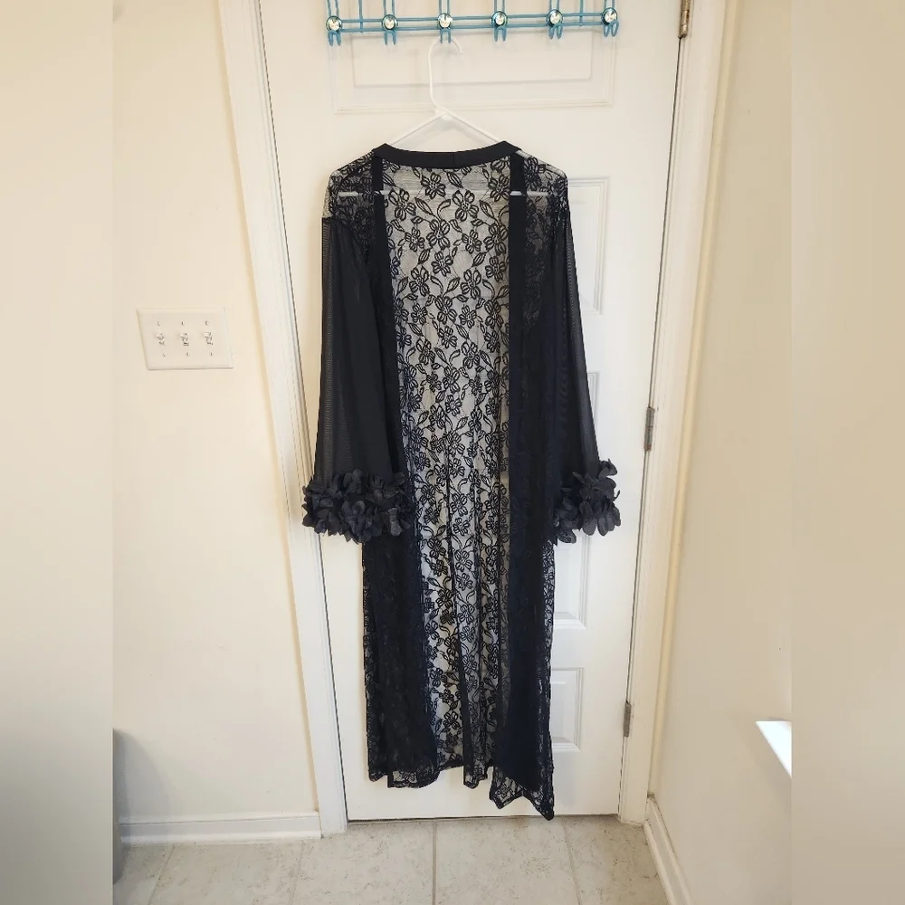 Black Lace Floral Robe Open Front One Size READ #DD696 - Picture 4 of 6